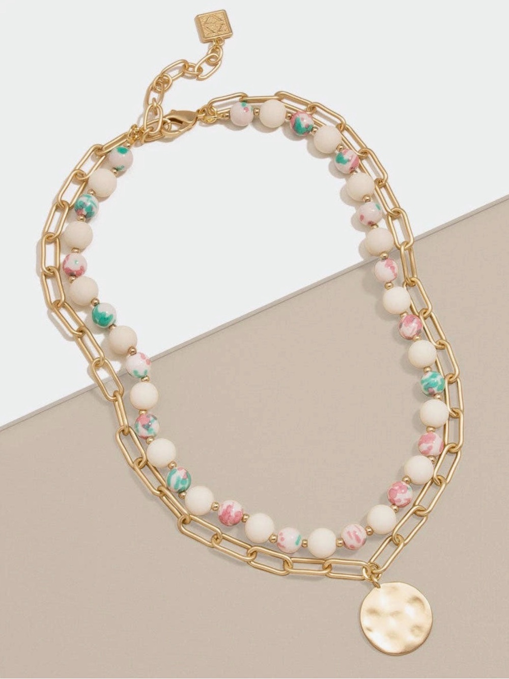 Gold Double-Strand Necklace with Cream, Pink & Teal Beads
